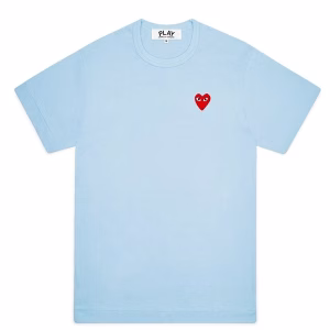 CDG Sky Blue T-shirt with red mini heart on chest, flat lay