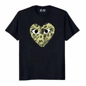 Comme des Garcons Heart Camo Tee with camouflage heart design on cotton fabric