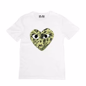 Comme des Garçons Heart Camo Tee with camouflage heart design on cotton fabric