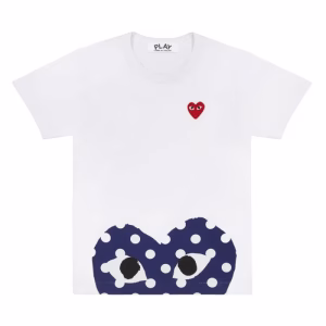 CDG White Polka Dot Heart Tee with half-heart logo on white cotton