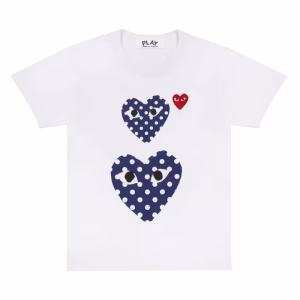 CDG White Polka Dot Printed Small and Big Hearts Tee with polka dots and heart graphics