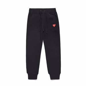 Comme des Garçons Play Red Heart Logo Black Sweatpants with iconic red heart emblem on soft cotton fleece fabric