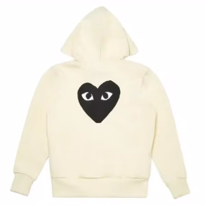 CDG Zip Up Cream Hoodie With Black Heart